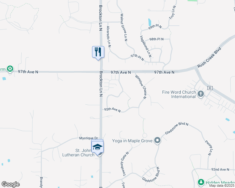 map of restaurants, bars, coffee shops, grocery stores, and more near 18920 96th Avenue North in Osseo
