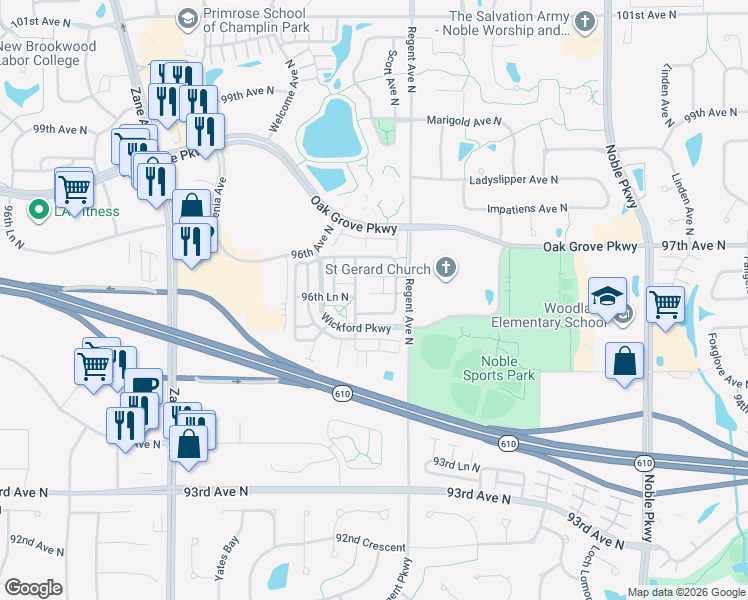 map of restaurants, bars, coffee shops, grocery stores, and more near 9540 Scott Circle in Minneapolis