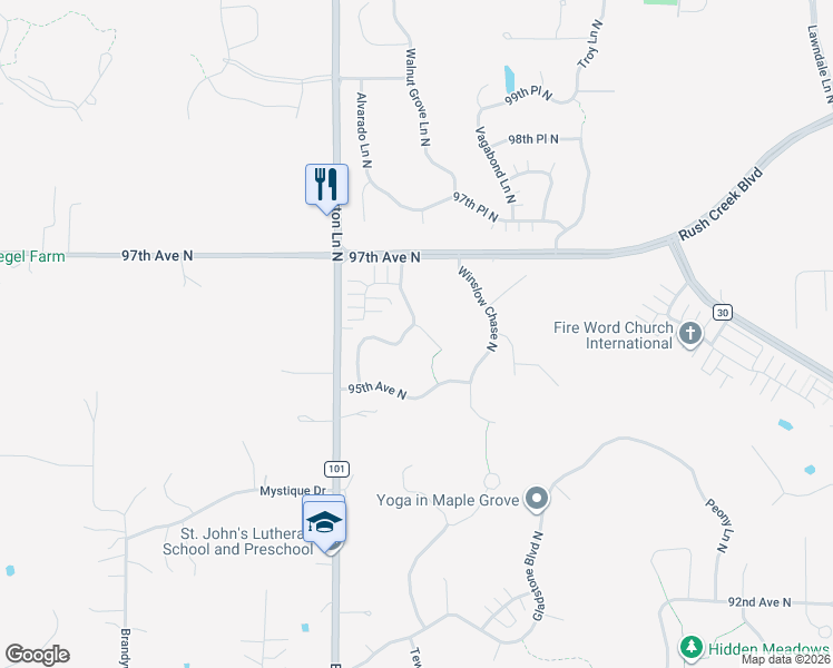 map of restaurants, bars, coffee shops, grocery stores, and more near 9577 Zircon Court North in Osseo
