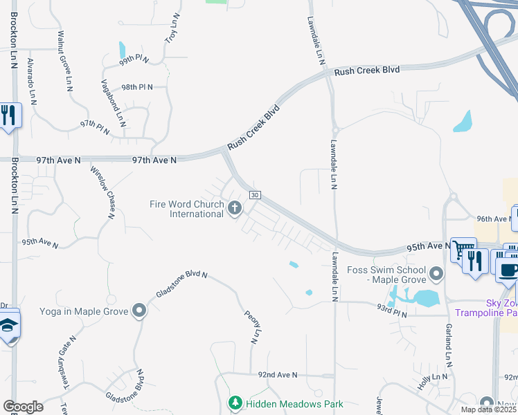 map of restaurants, bars, coffee shops, grocery stores, and more near 9656 Peony Lane North in Maple Grove
