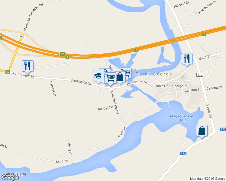 map of restaurants, bars, coffee shops, grocery stores, and more near 128 Brunswick Street in Saint George