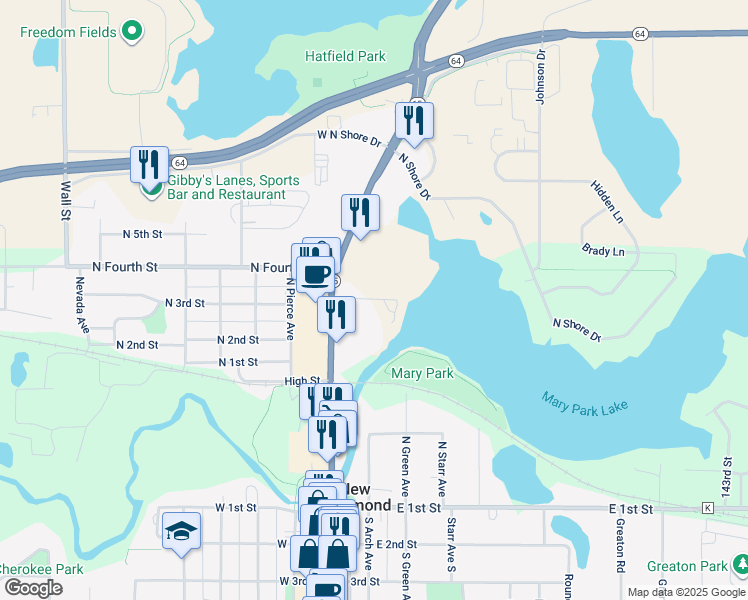 map of restaurants, bars, coffee shops, grocery stores, and more near 184 Sawmill Lane in New Richmond