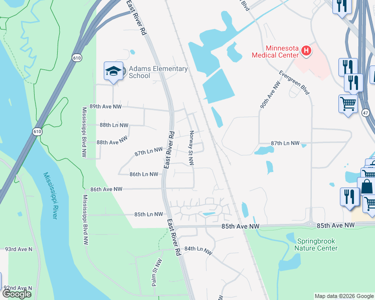 map of restaurants, bars, coffee shops, grocery stores, and more near 8700 Norway Street Northwest in Minneapolis