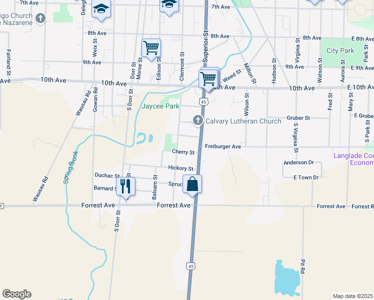 map of restaurants, bars, coffee shops, grocery stores, and more near 728 Cherry Street in Antigo