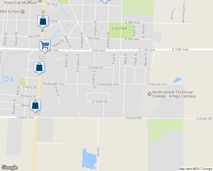 map of restaurants, bars, coffee shops, grocery stores, and more near 235 Freiburger Avenue in Antigo