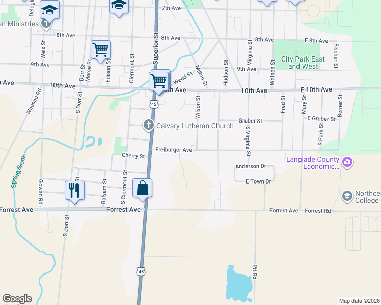 map of restaurants, bars, coffee shops, grocery stores, and more near 535 Freiburger Avenue in Antigo