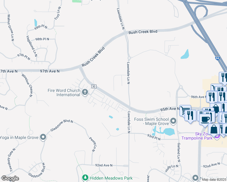 map of restaurants, bars, coffee shops, grocery stores, and more near 9575 Olive Lane North in Maple Grove