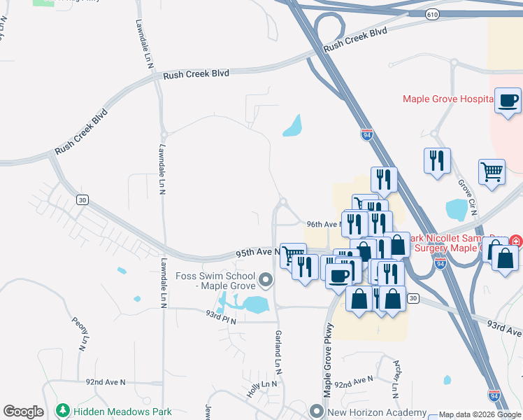 map of restaurants, bars, coffee shops, grocery stores, and more near 17000 Co Road in Maple Grove
