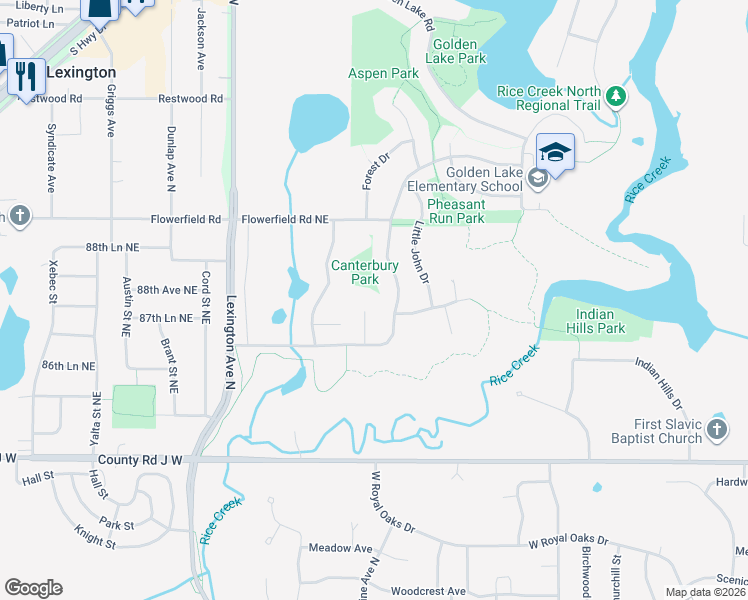 map of restaurants, bars, coffee shops, grocery stores, and more near 208 Marion Court in Circle Pines