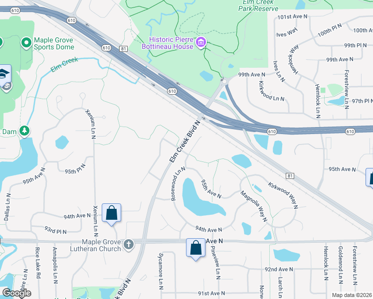 map of restaurants, bars, coffee shops, grocery stores, and more near 9601 Rosewood Ln N in Maple Grove