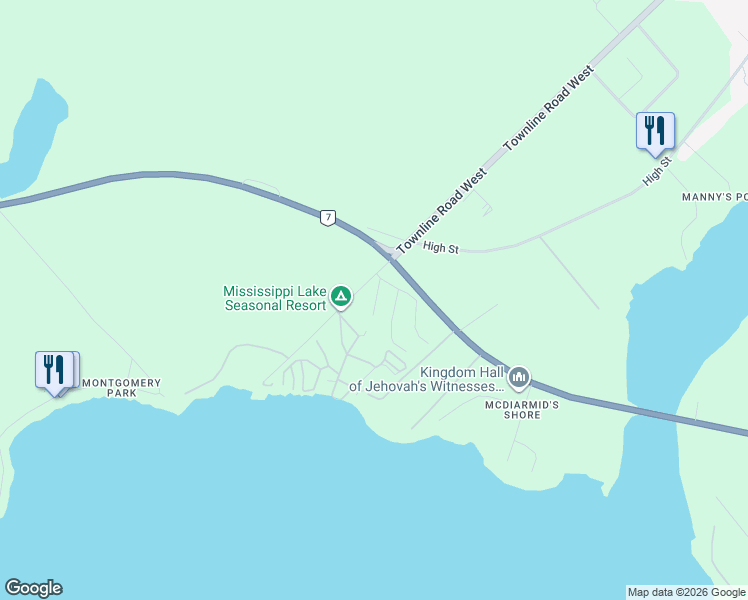 map of restaurants, bars, coffee shops, grocery stores, and more near 20 Pinewood Avenue in Carleton Place
