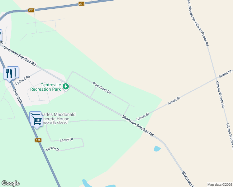 map of restaurants, bars, coffee shops, grocery stores, and more near 1157 Pine Crest Drive in Centreville