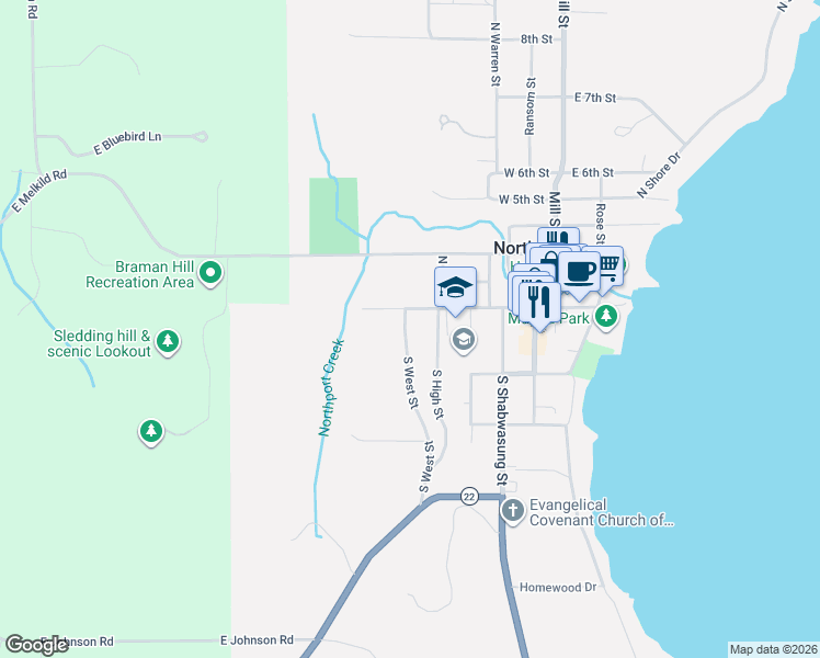 map of restaurants, bars, coffee shops, grocery stores, and more near 201-299 S West St in Northport