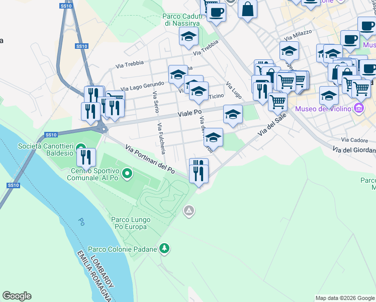 map of restaurants, bars, coffee shops, grocery stores, and more near 10 Via Carlo Vittori in Cremona
