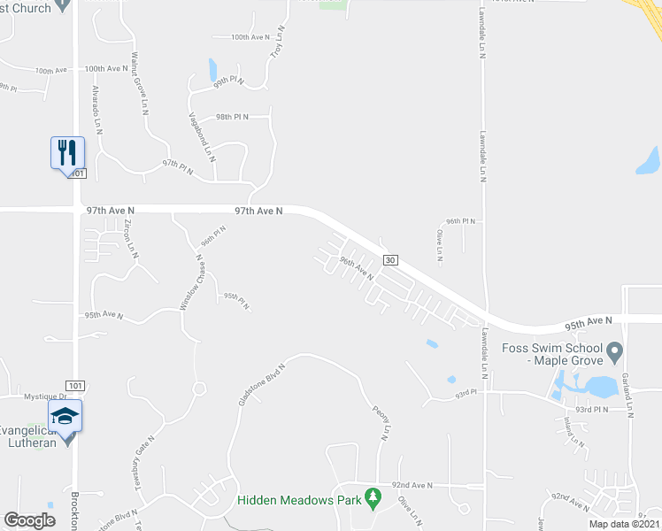 map of restaurants, bars, coffee shops, grocery stores, and more near 18151 96th Avenue North in Osseo