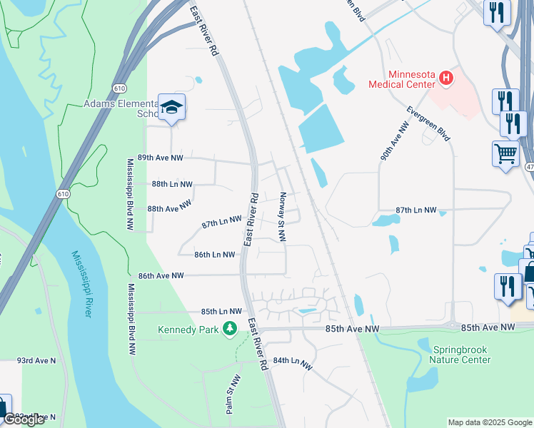 map of restaurants, bars, coffee shops, grocery stores, and more near 8696 Norway Street Northwest in Minneapolis