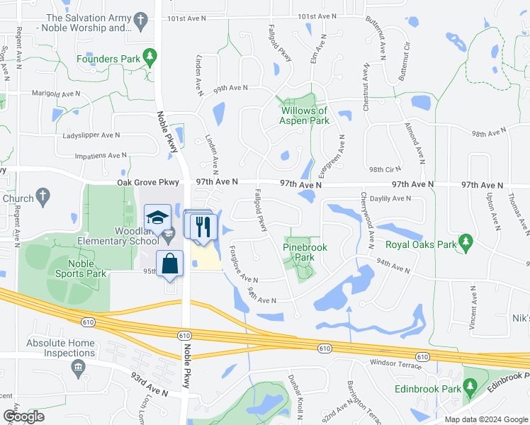 map of restaurants, bars, coffee shops, grocery stores, and more near 9600 Fallgold Parkway in Minneapolis