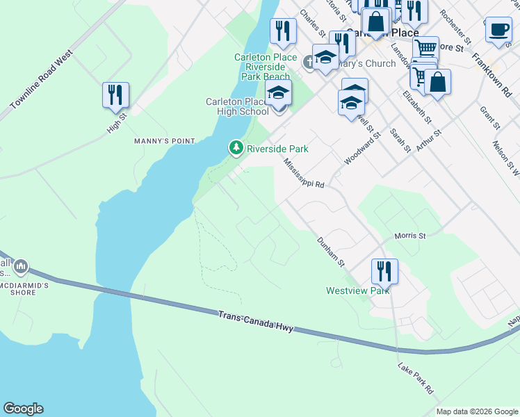 map of restaurants, bars, coffee shops, grocery stores, and more near in Carleton Place