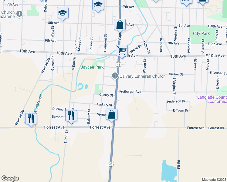 map of restaurants, bars, coffee shops, grocery stores, and more near 728 Cherry Street in Antigo