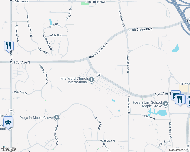map of restaurants, bars, coffee shops, grocery stores, and more near 18069 96th Avenue North in Osseo