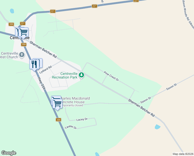 map of restaurants, bars, coffee shops, grocery stores, and more near 1093 Sherman Belcher Road in Centreville