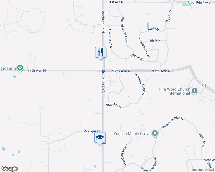 map of restaurants, bars, coffee shops, grocery stores, and more near 9617 Alvarado Lane North in Maple Grove