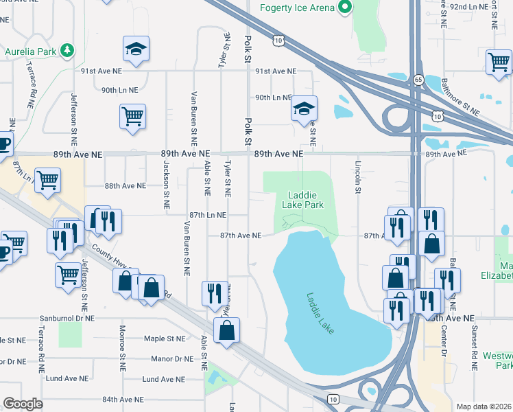 map of restaurants, bars, coffee shops, grocery stores, and more near 8730 Taylor Court Northeast in Blaine