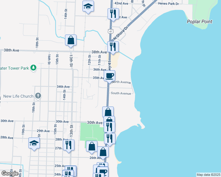 map of restaurants, bars, coffee shops, grocery stores, and more near South Avenue in Menominee