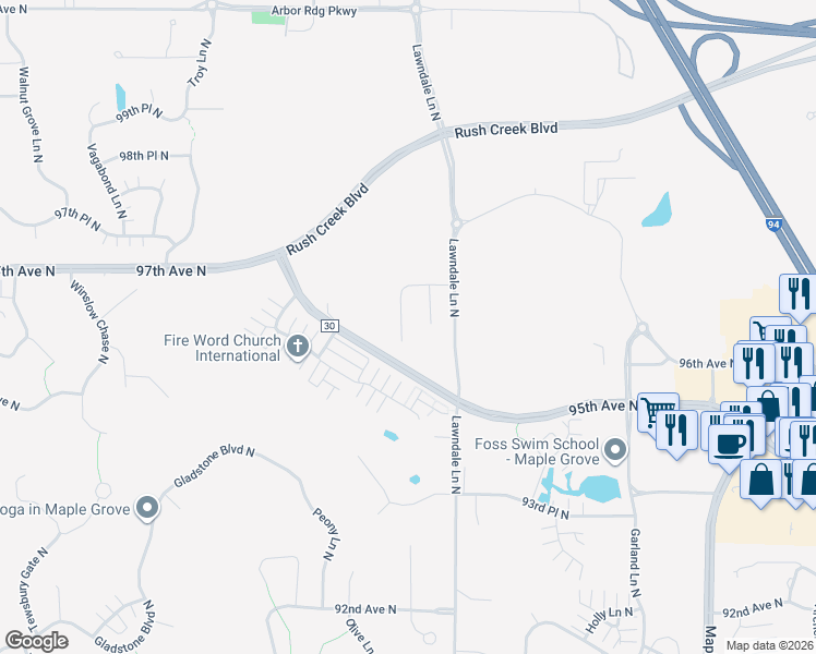 map of restaurants, bars, coffee shops, grocery stores, and more near 9575 Olive Lane North in Maple Grove