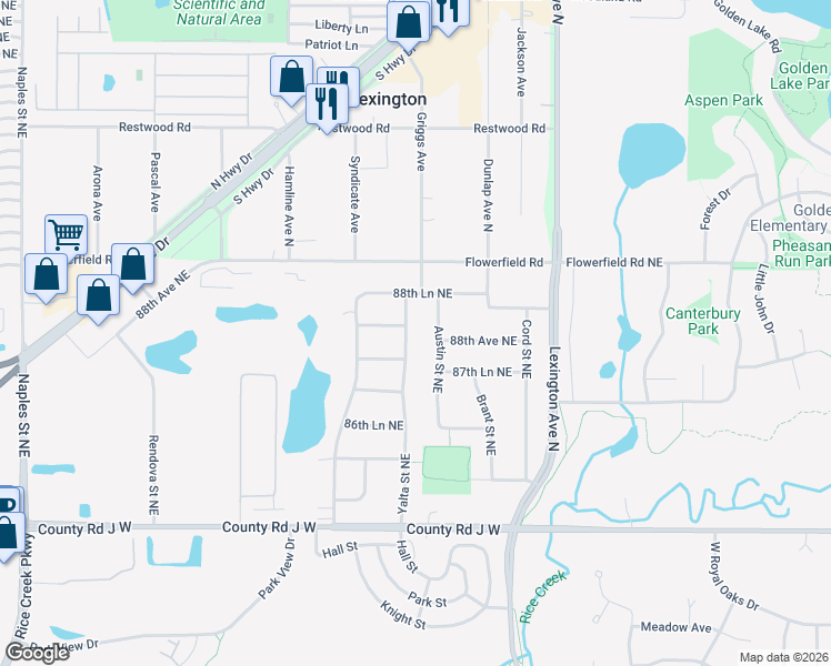 map of restaurants, bars, coffee shops, grocery stores, and more near 3963 87th Lane Northeast in Circle Pines
