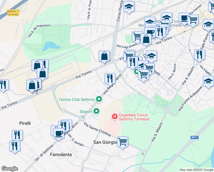 map of restaurants, bars, coffee shops, grocery stores, and more near 23 Corso IV Novembre in Settimo Torinese