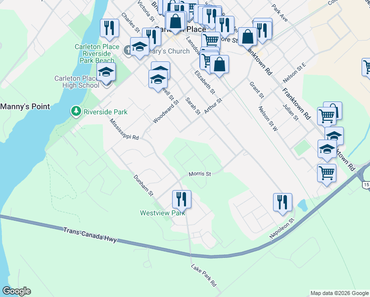 map of restaurants, bars, coffee shops, grocery stores, and more near 8 Taber Street in Carleton Place