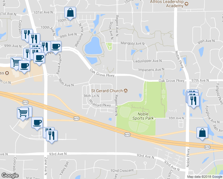 map of restaurants, bars, coffee shops, grocery stores, and more near 9626 Scott Circle in Brooklyn Park