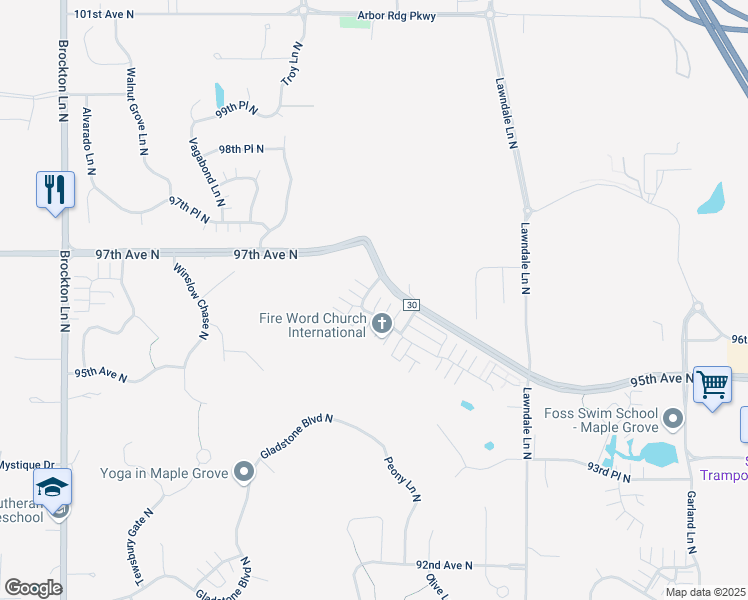 map of restaurants, bars, coffee shops, grocery stores, and more near 18106 96th Avenue North in Osseo