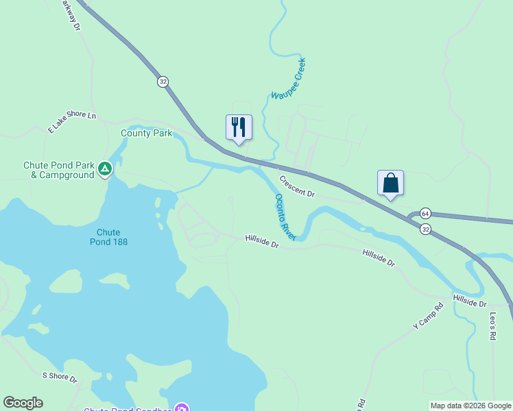 map of restaurants, bars, coffee shops, grocery stores, and more near 13448 Hillside Drive in Suring