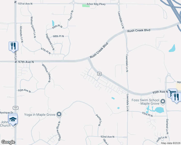 map of restaurants, bars, coffee shops, grocery stores, and more near 18069 96th Avenue North in Osseo