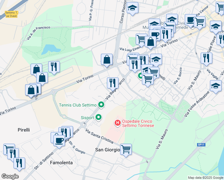 map of restaurants, bars, coffee shops, grocery stores, and more near 23 Corso IV Novembre in Settimo Torinese