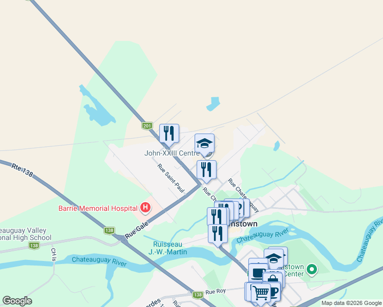 map of restaurants, bars, coffee shops, grocery stores, and more near 8 Rue Liggett in Montérégie