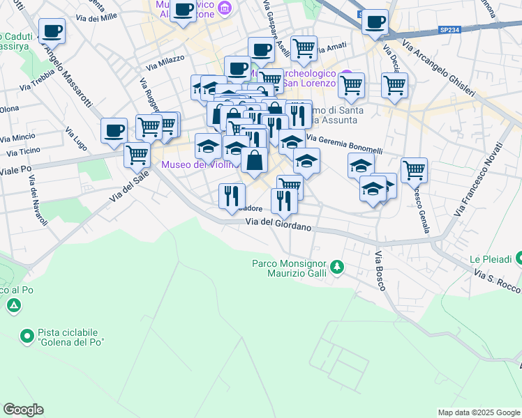 map of restaurants, bars, coffee shops, grocery stores, and more near 13 Via Altobello Melone in Cremona