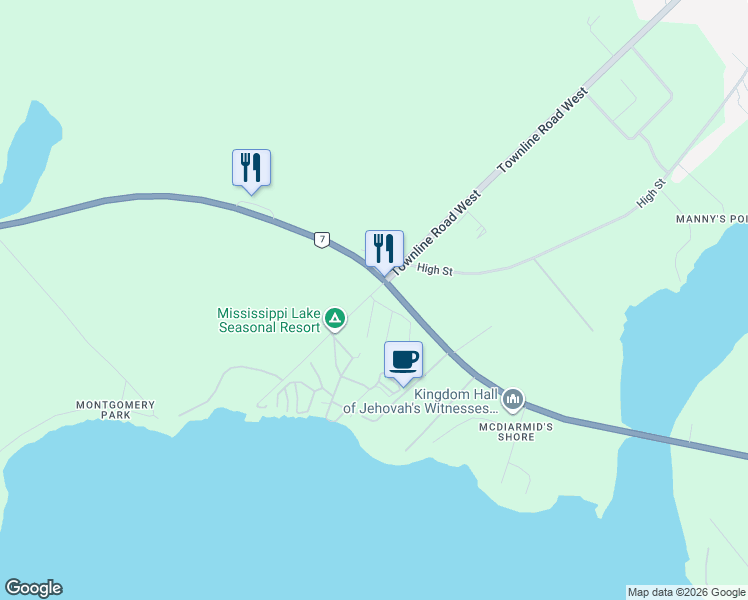 map of restaurants, bars, coffee shops, grocery stores, and more near 20 Pinewood Avenue in Carleton Place