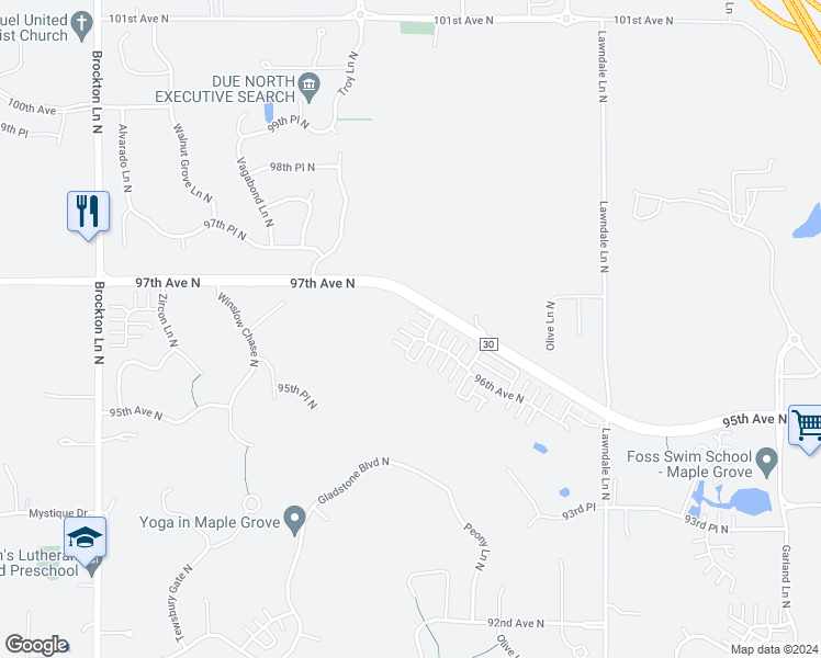 map of restaurants, bars, coffee shops, grocery stores, and more near 9629 Queensland Lane North in Maple Grove