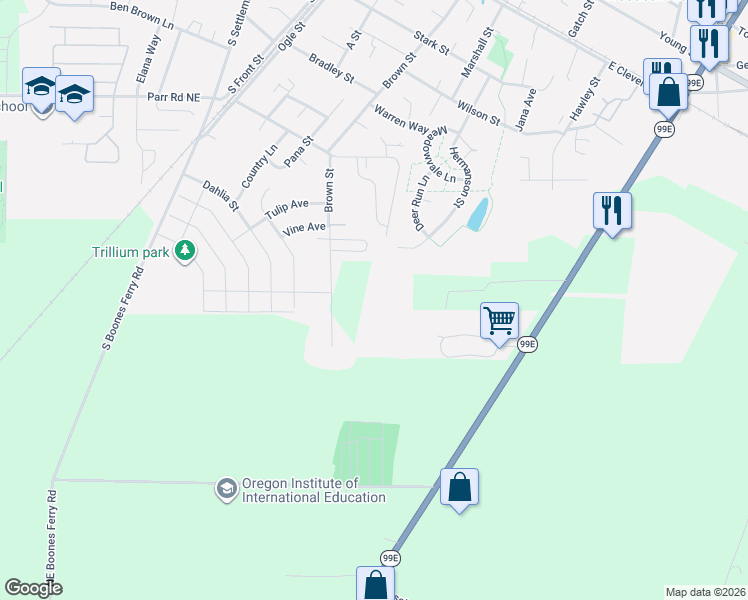 map of restaurants, bars, coffee shops, grocery stores, and more near 1200 Hermanson Street in Woodburn