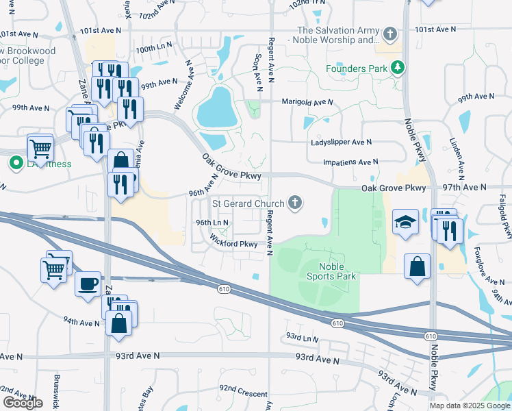 map of restaurants, bars, coffee shops, grocery stores, and more near 9619 Scott Circle in Brooklyn Park