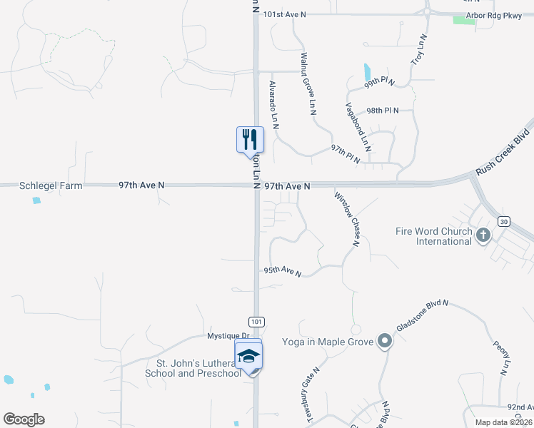 map of restaurants, bars, coffee shops, grocery stores, and more near 9690 Brockton Lane North in Maple Grove