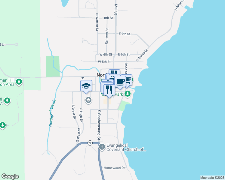 map of restaurants, bars, coffee shops, grocery stores, and more near 102 West Nagonaba Street in Northport