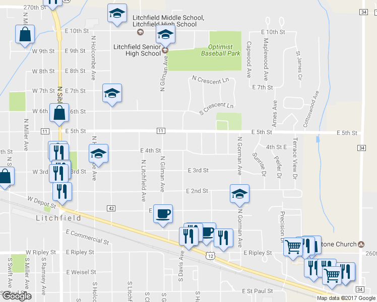map of restaurants, bars, coffee shops, grocery stores, and more near 612 East 4th Street in Litchfield