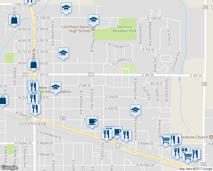 map of restaurants, bars, coffee shops, grocery stores, and more near 610 East 4th Street in Litchfield