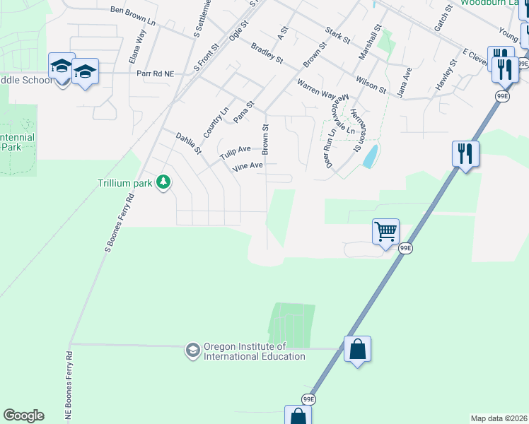 map of restaurants, bars, coffee shops, grocery stores, and more near 1550 Brown Street in Woodburn