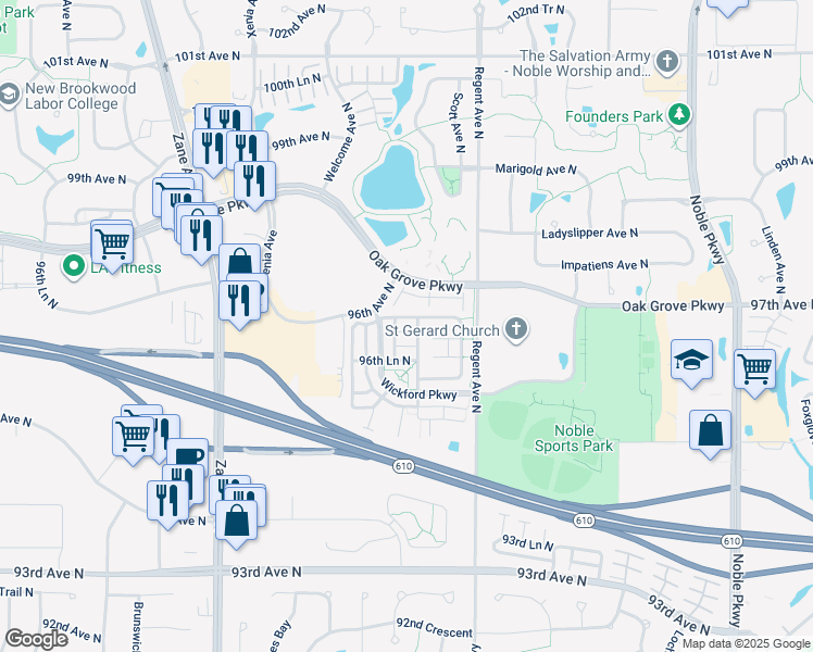 map of restaurants, bars, coffee shops, grocery stores, and more near 5439 96th Avenue North in Brooklyn Park