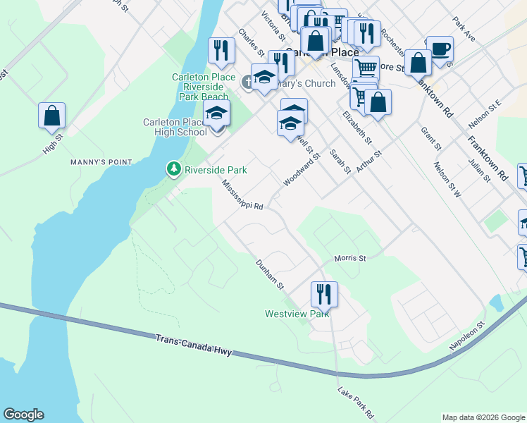 map of restaurants, bars, coffee shops, grocery stores, and more near 96 Mississippi Road in Carleton Place